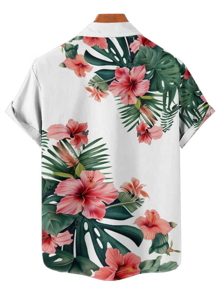 Couple Matching Tropical Hibiscus Print Vacation Outfit, Men 2Pcs Shirt &amp; Shorts Set + Women Spaghetti Strap Midi Dress