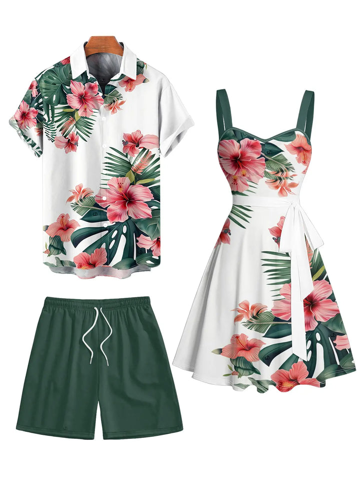 Couple Matching Tropical Hibiscus Print Vacation Outfit, Men 2Pcs Shirt &amp; Shorts Set + Women Spaghetti Strap Midi Dress