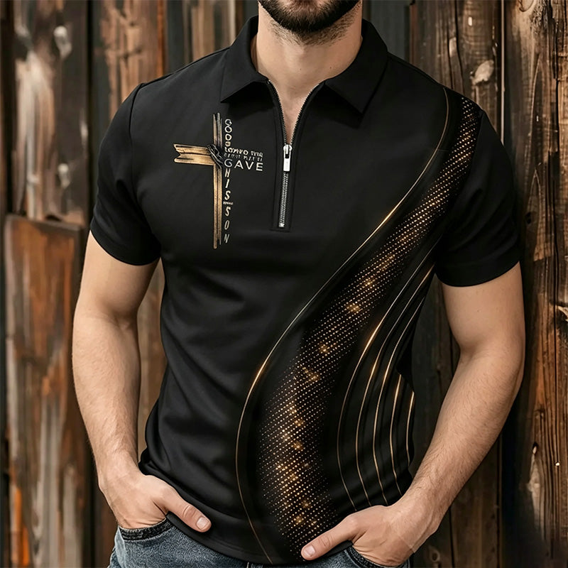 Short-sleeved polo shirt with a zip-up collar