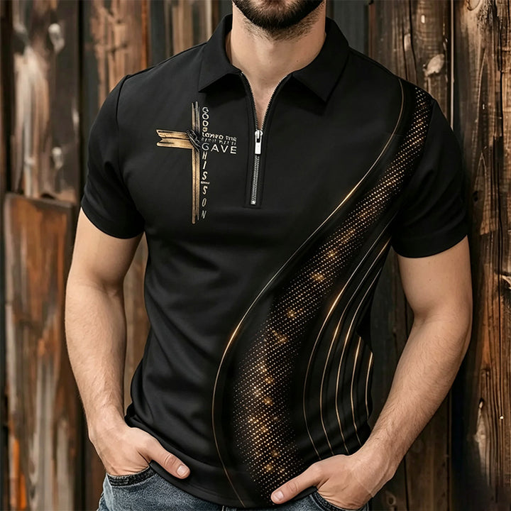 Short-sleeved polo shirt with a zip-up collar