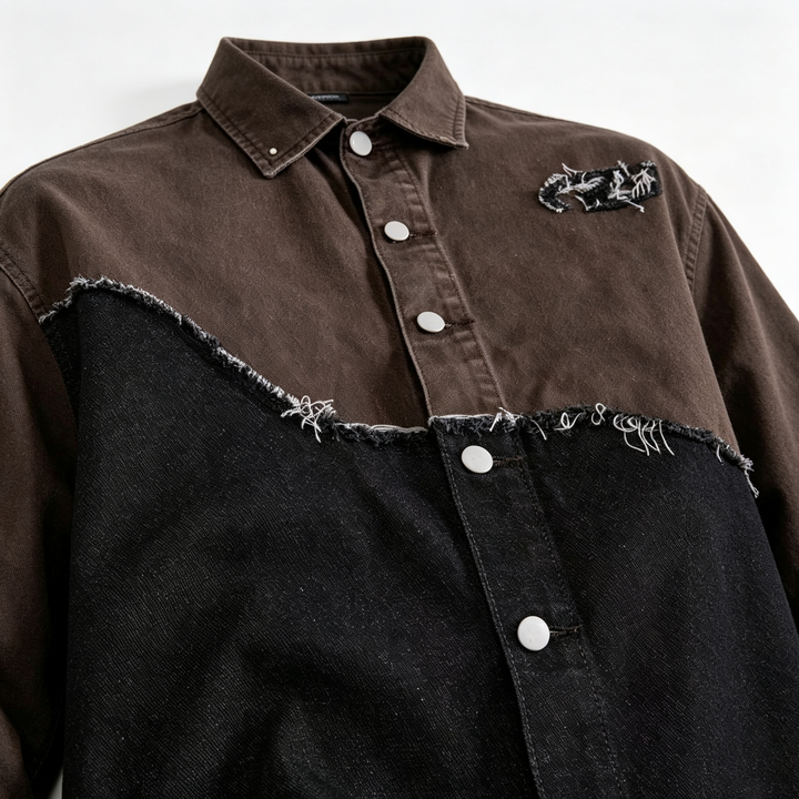 Vintage Raw‑Edge Patchwork Short Sleeve Shirt