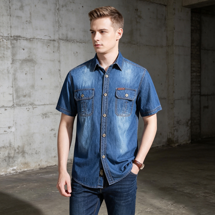 Vintage Washed Short Sleeve Denim Shirt