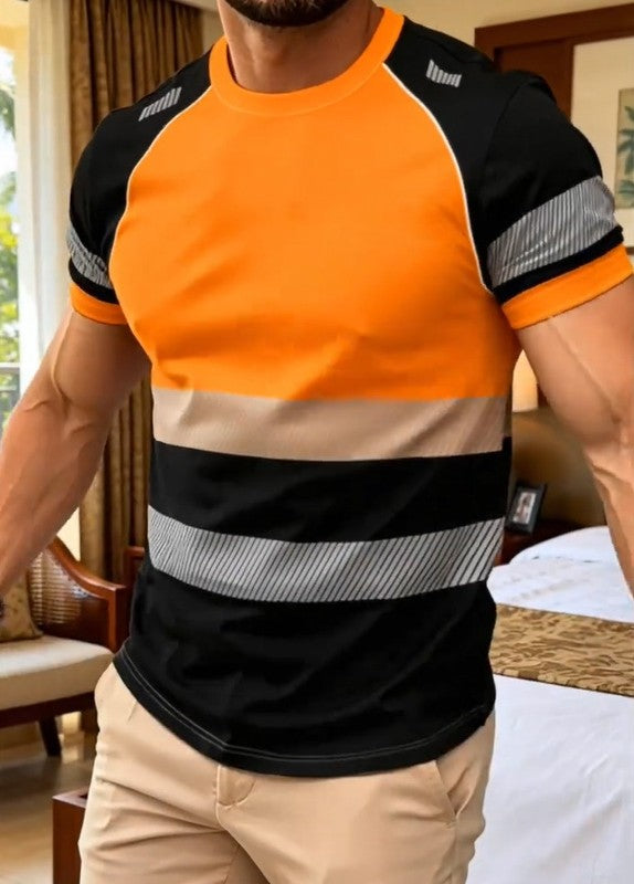 Stylish color-blocked striped short-sleeved shirt