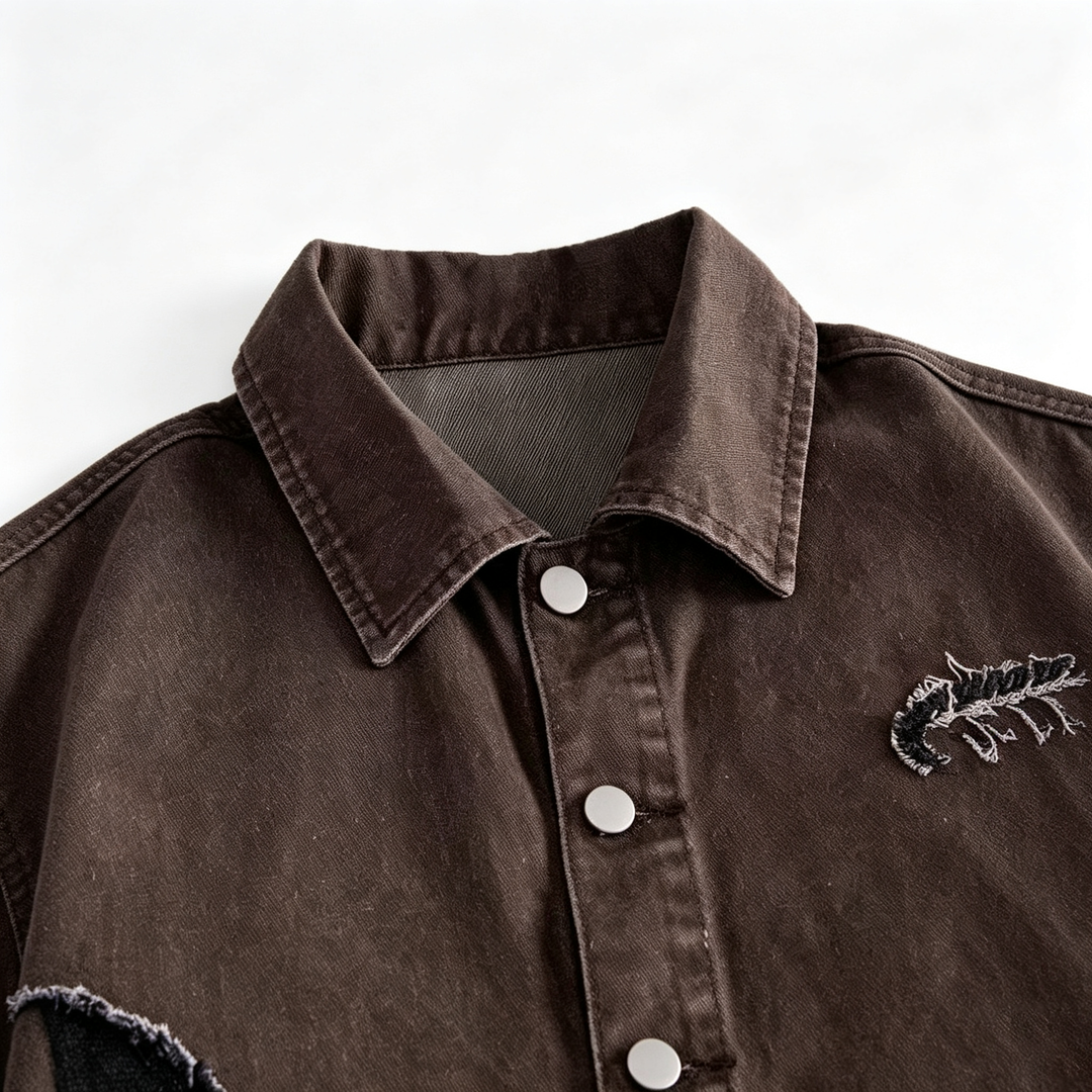 Vintage Raw‑Edge Patchwork Short Sleeve Shirt