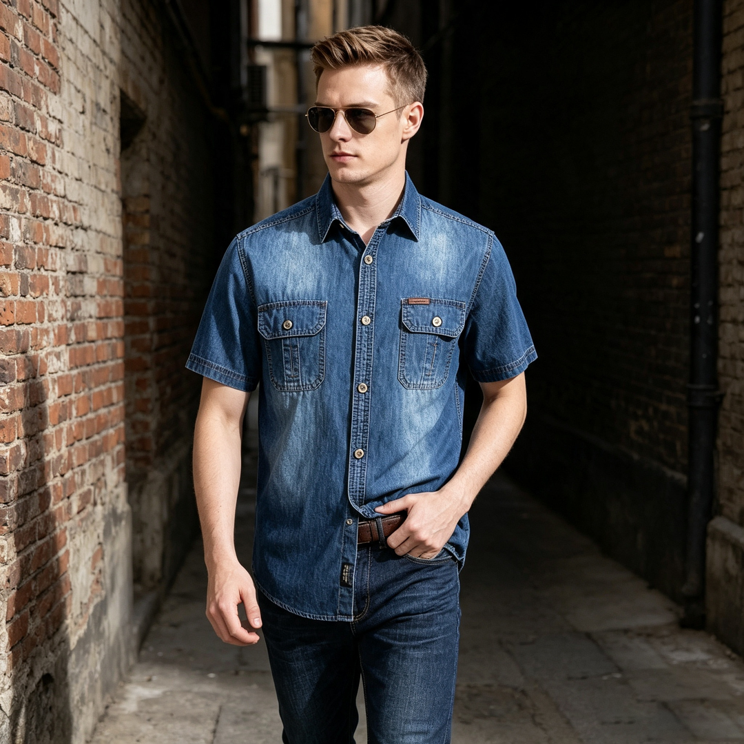 Vintage Washed Short Sleeve Denim Shirt