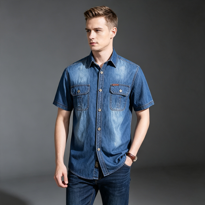 Vintage Washed Short Sleeve Denim Shirt