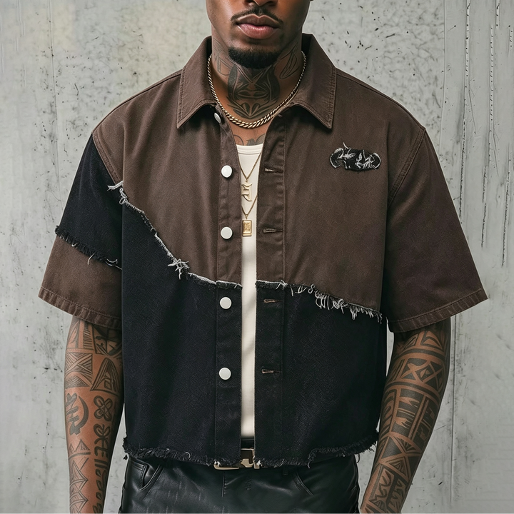 Vintage Raw‑Edge Patchwork Short Sleeve Shirt