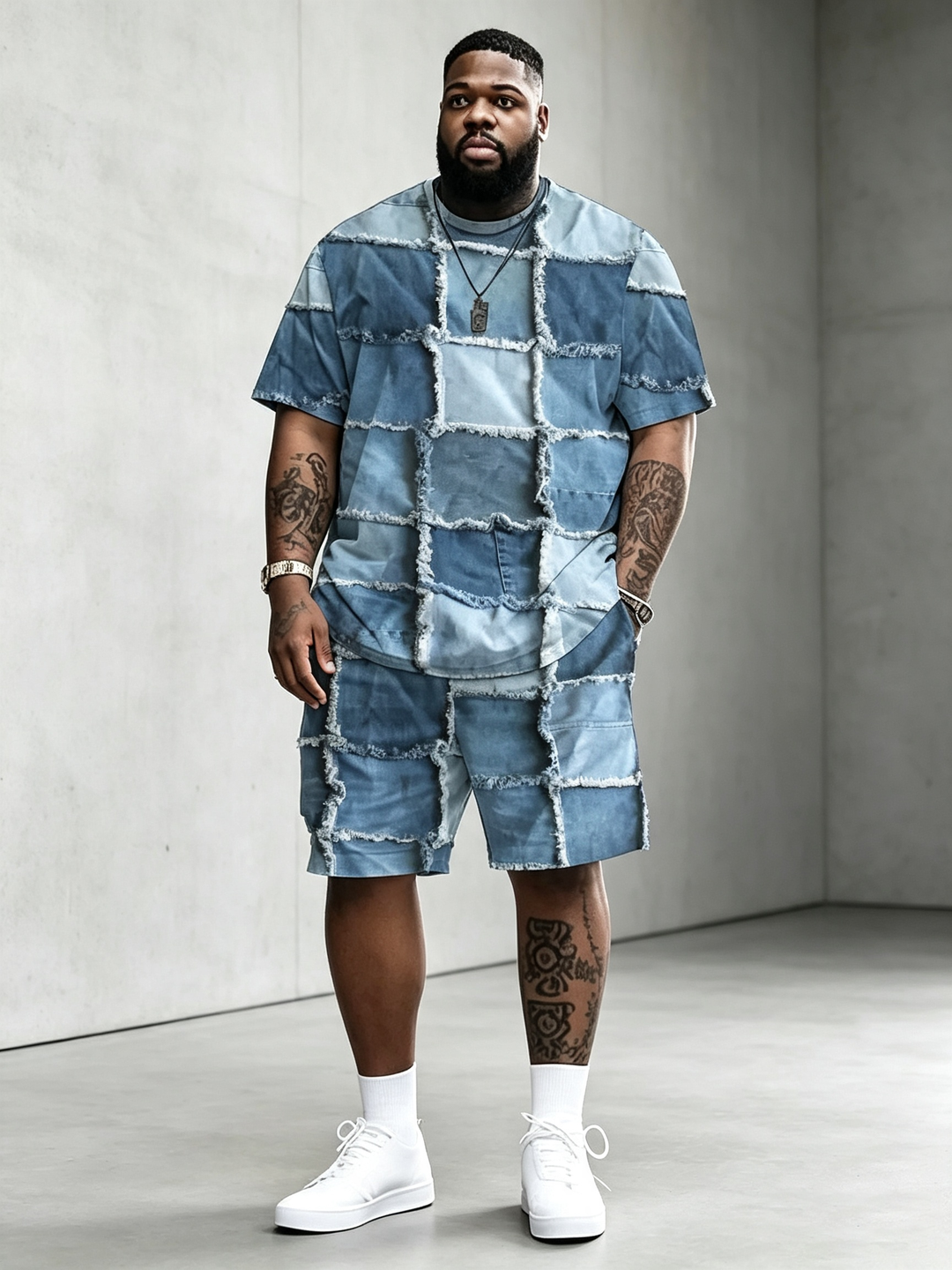 Printed faux denim casual suit