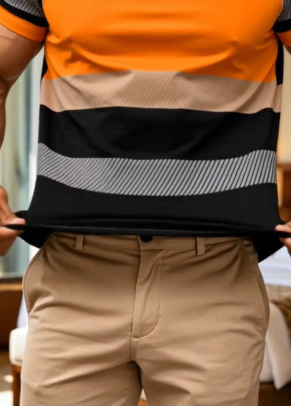 Stylish color-blocked striped short-sleeved shirt