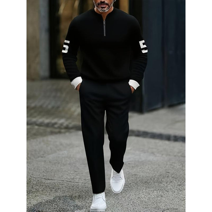 Half-open zipper long-sleeved printed polo shirt set