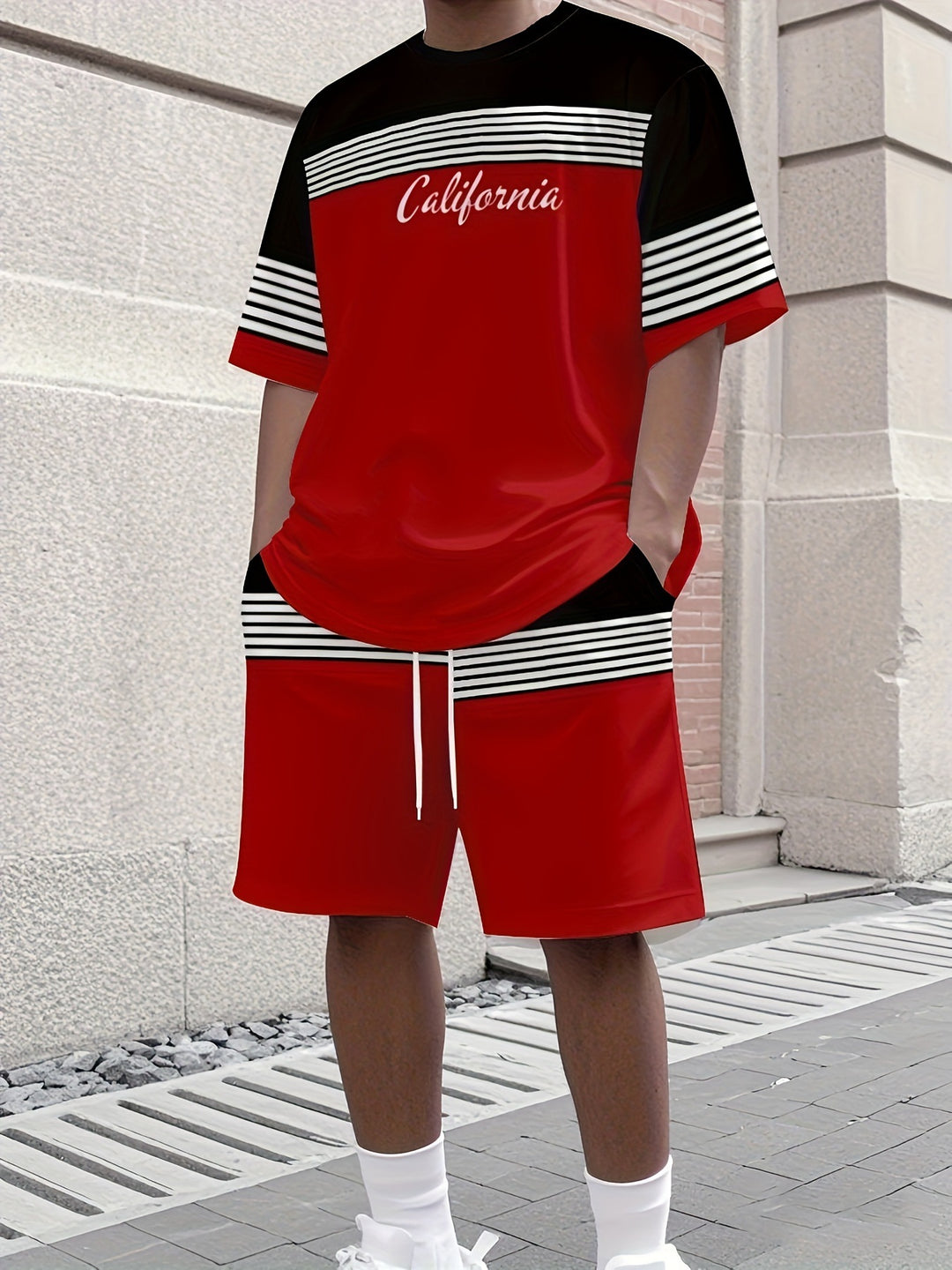 Retro California print striped short-sleeved top with drawstring shorts two-piece set
