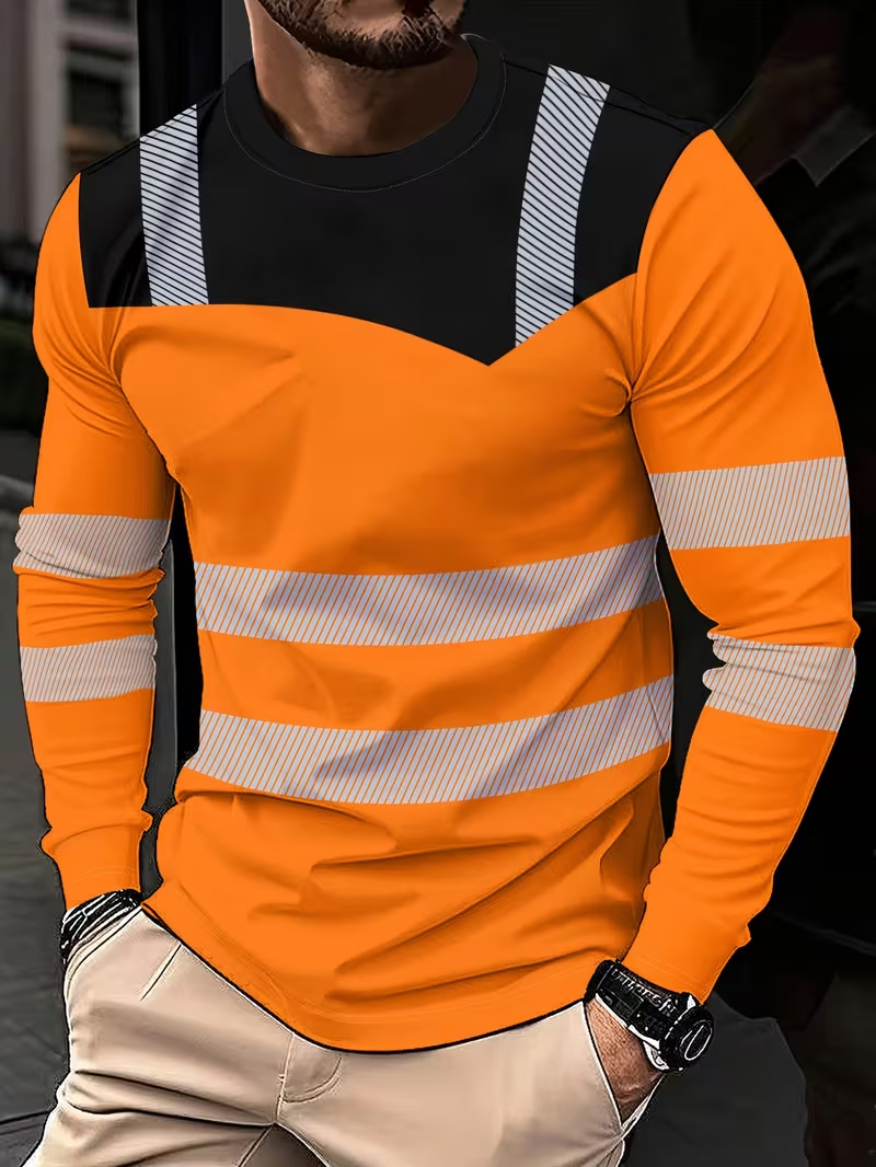 Men High Visibility Reflective Strip Long Sleeve Safety Work T-Shirt