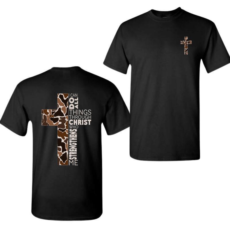 Christian Leopard Cross Front Back Print Faith T-Shirt