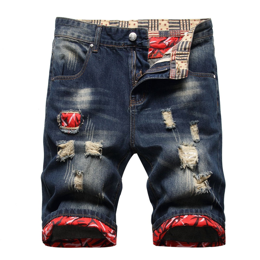 Retro punk ripped five-point straight leg denim shorts