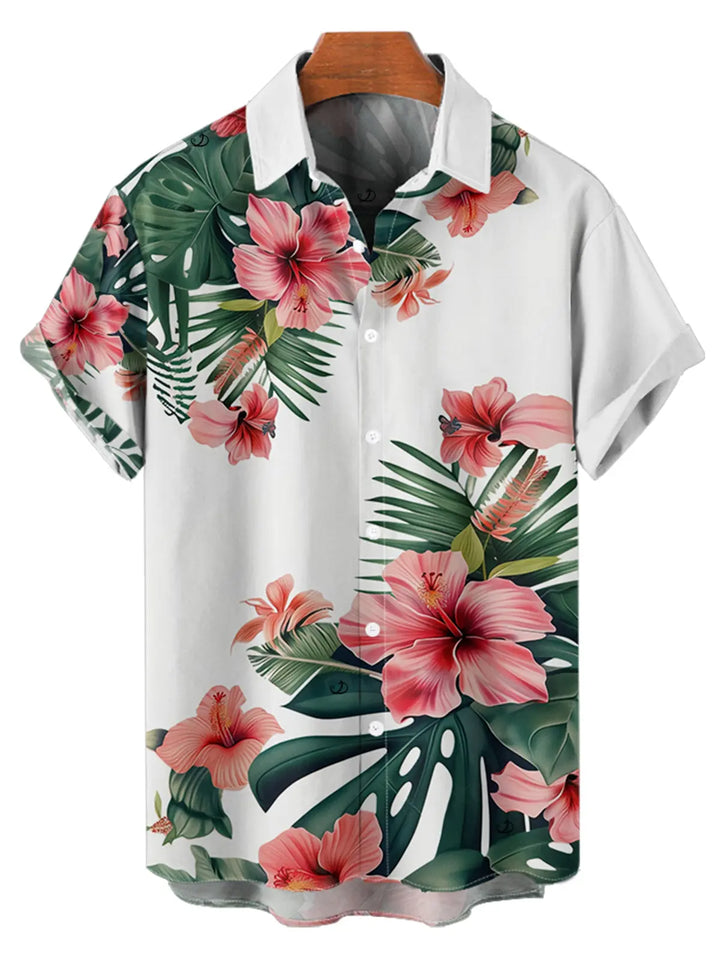 Couple Matching Tropical Hibiscus Print Vacation Outfit, Men 2Pcs Shirt &amp; Shorts Set + Women Spaghetti Strap Midi Dress