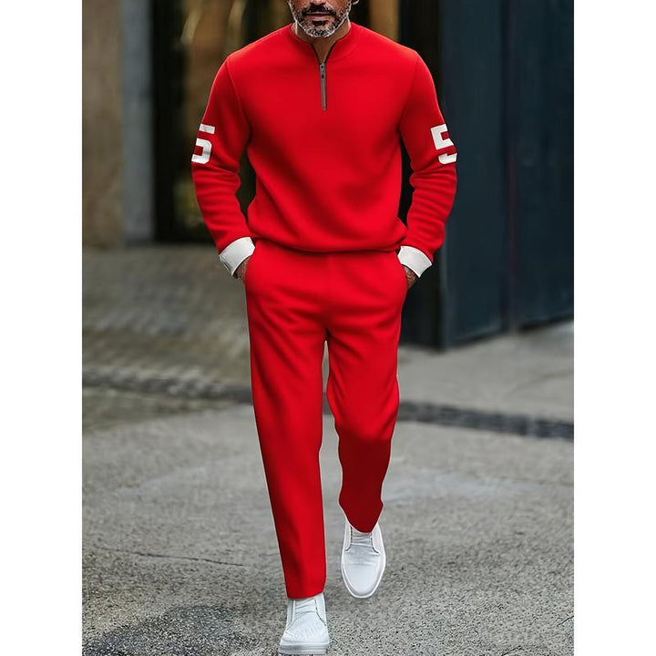 Half-open zipper long-sleeved printed polo shirt set