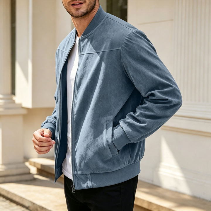 Long Sleeve Zip Front Suede Bomber Jacket