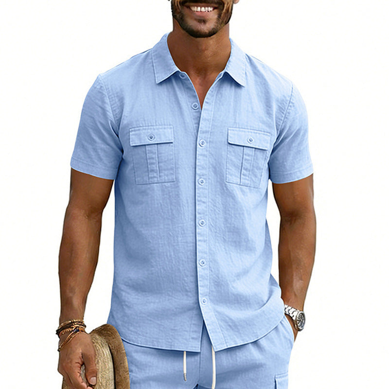 Casual outdoor multi-pocket workwear collared short-sleeved shirt