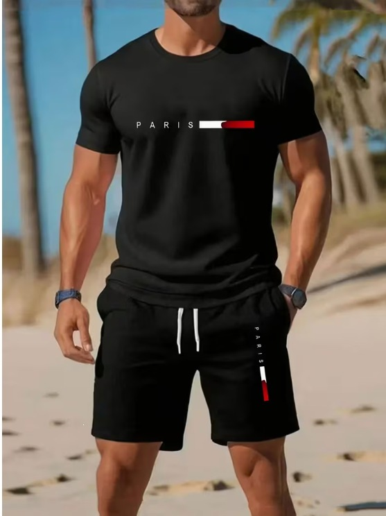 Gradient color short-sleeved crew neck top with drawstring casual shorts two-piece set