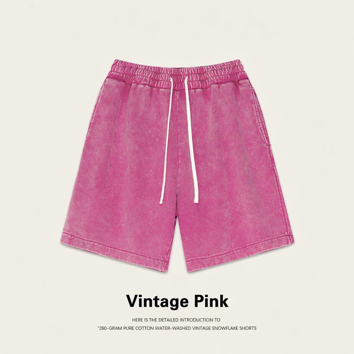 Men Women Vintage Pink Water-washed 100% Cotton Loose Casual Sports Summer Drawstring Shorts