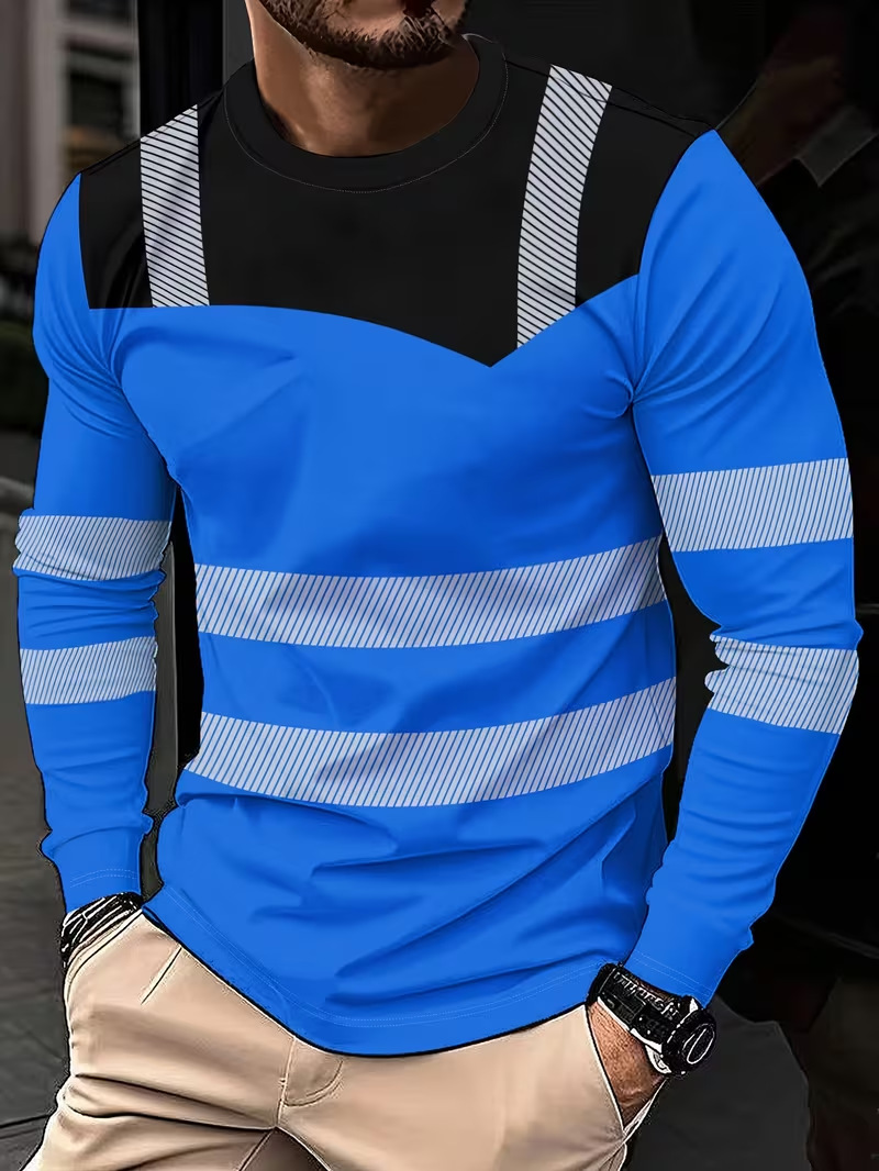 Men High Visibility Reflective Strip Long Sleeve Safety Work T-Shirt