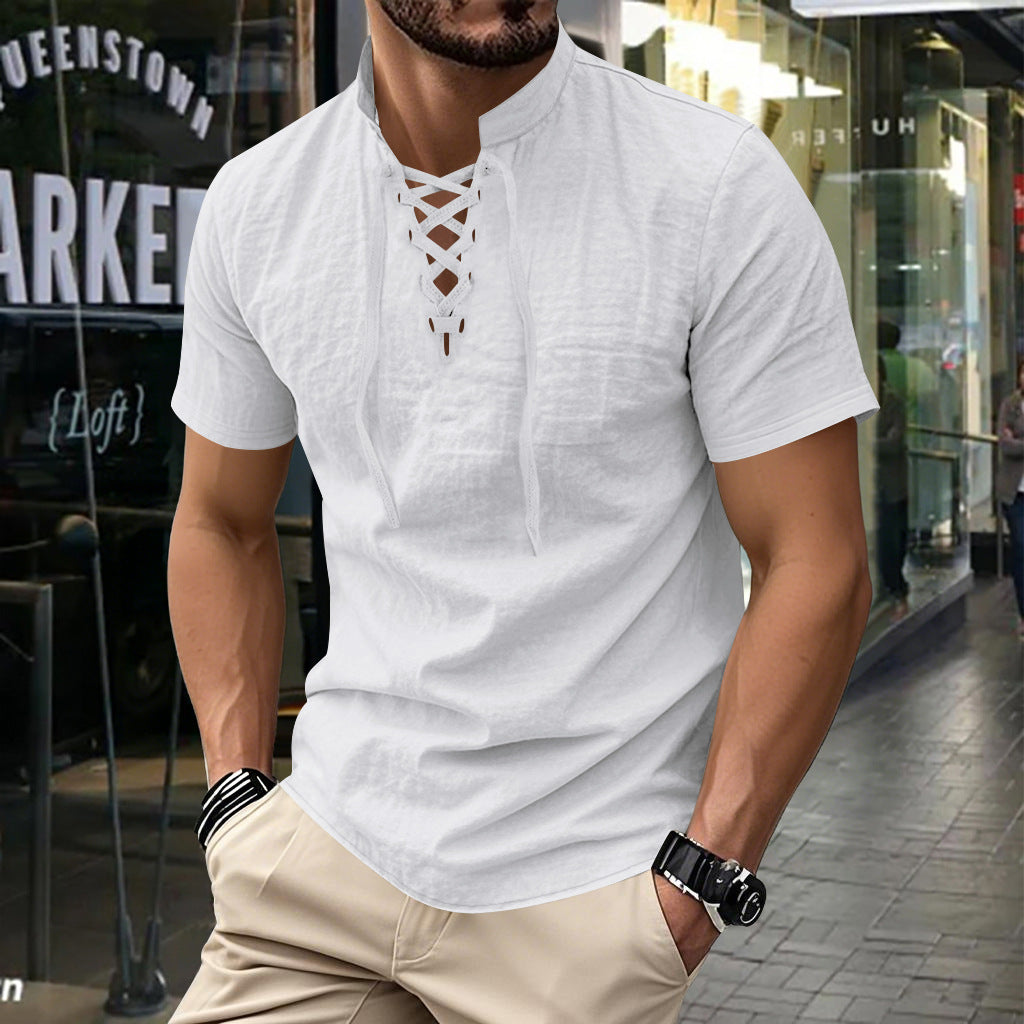 Casual Henry stand-up collar simple short-sleeved shirt