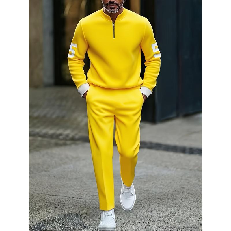 Half-open zipper long-sleeved printed polo shirt set