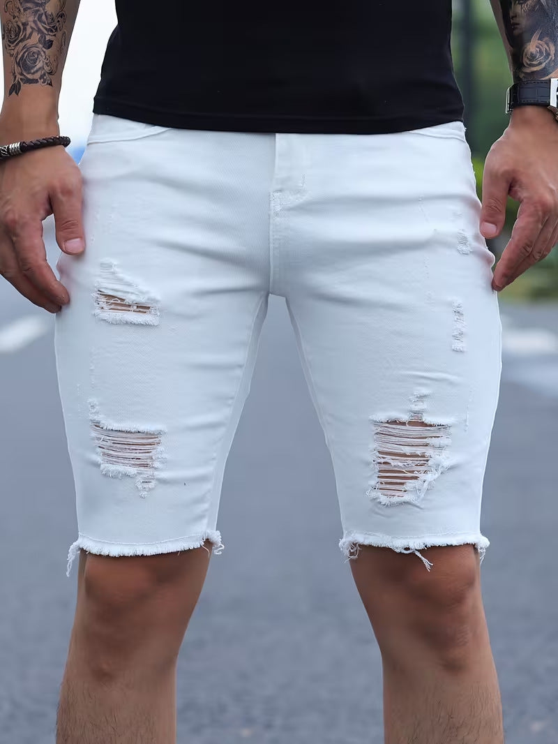 White slim-fit casual denim shorts
