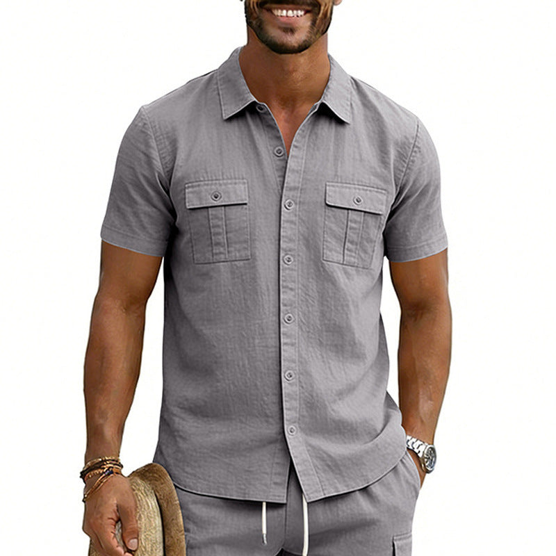 Casual outdoor multi-pocket workwear collared short-sleeved shirt