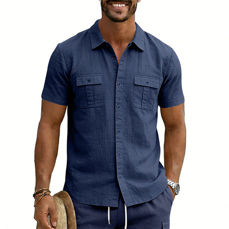 Casual outdoor multi-pocket workwear collared short-sleeved shirt