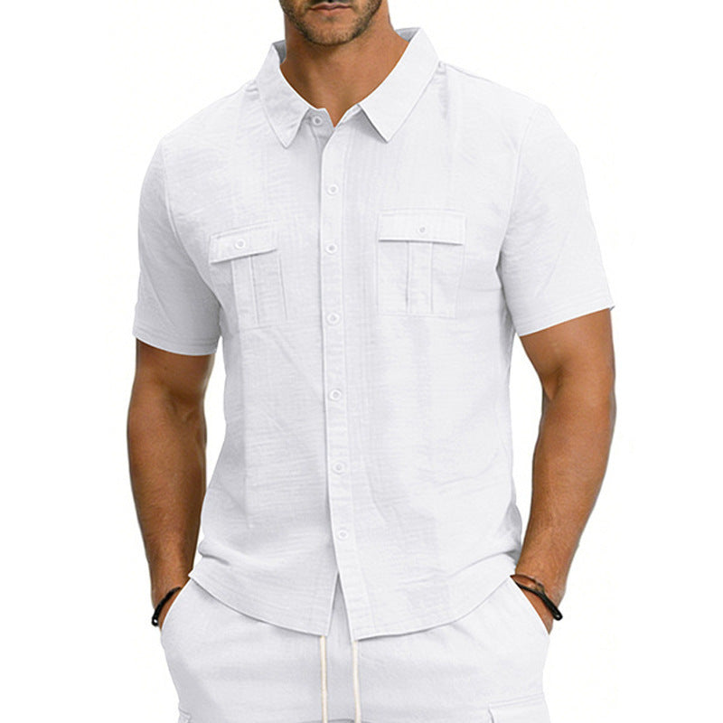 Casual outdoor multi-pocket workwear collared short-sleeved shirt