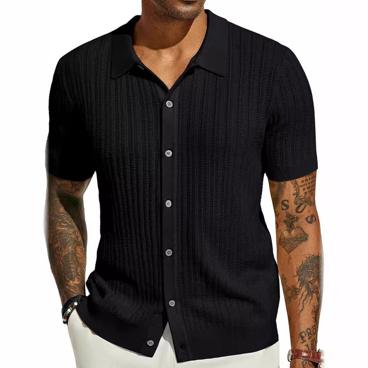 Men’s Fashion Striped Hollow Knit Polo Shirt – Casual Short Sleeve Sweater Top