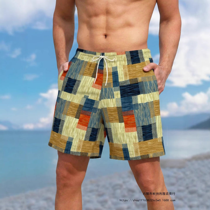 Retro Color Block Checkered Casual Summer Shorts, Soft Breathable Drawstring Waist Beach Vacation Short