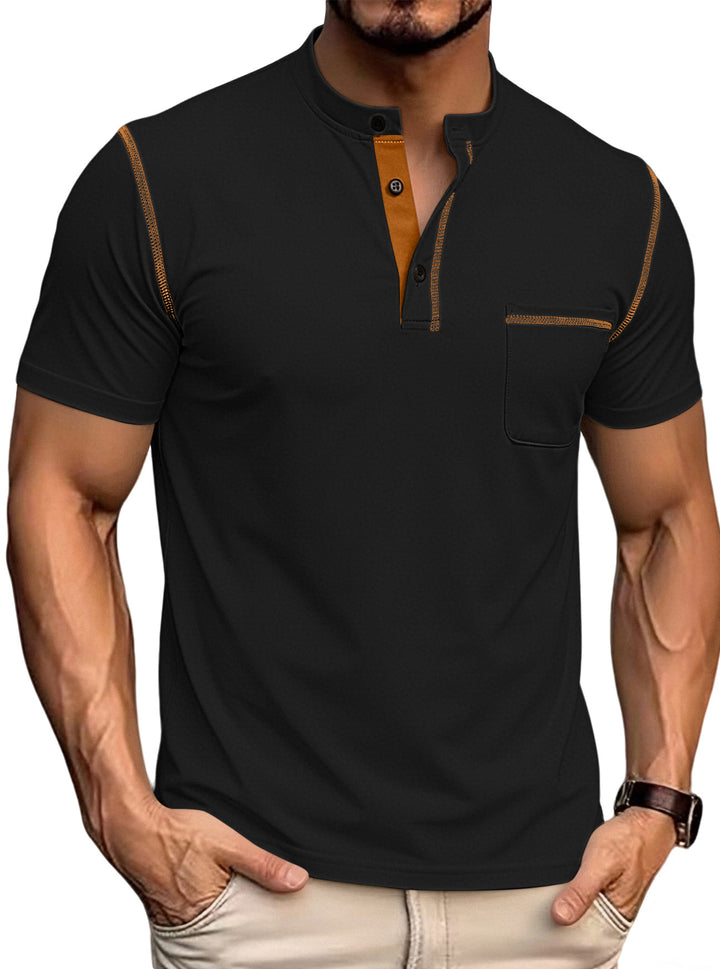 Men’s Henley T-Shirt Short Sleeve Casual Solid Color Slim Fit Button V-Neck Summer Top with Pocket