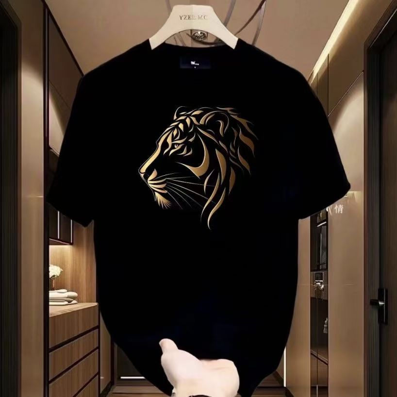 100% Pure Cotton Golden Tiger Head Graphic Crew Neck Short Sleeve T-Shirt For Men