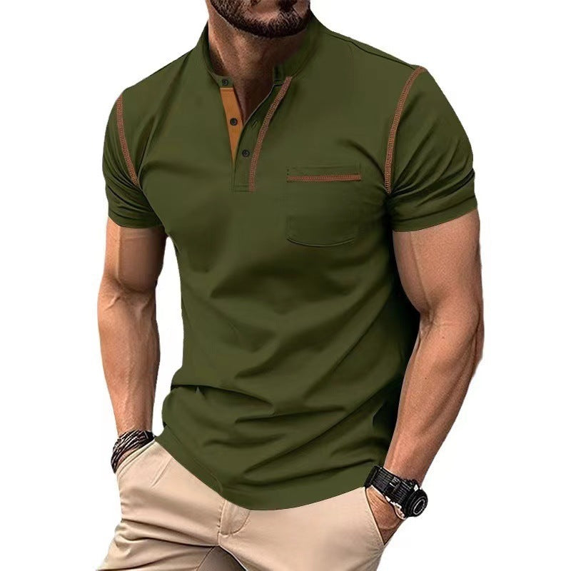 Men’s Henley T-Shirt Short Sleeve Casual Solid Color Slim Fit Button V-Neck Summer Top with Pocket