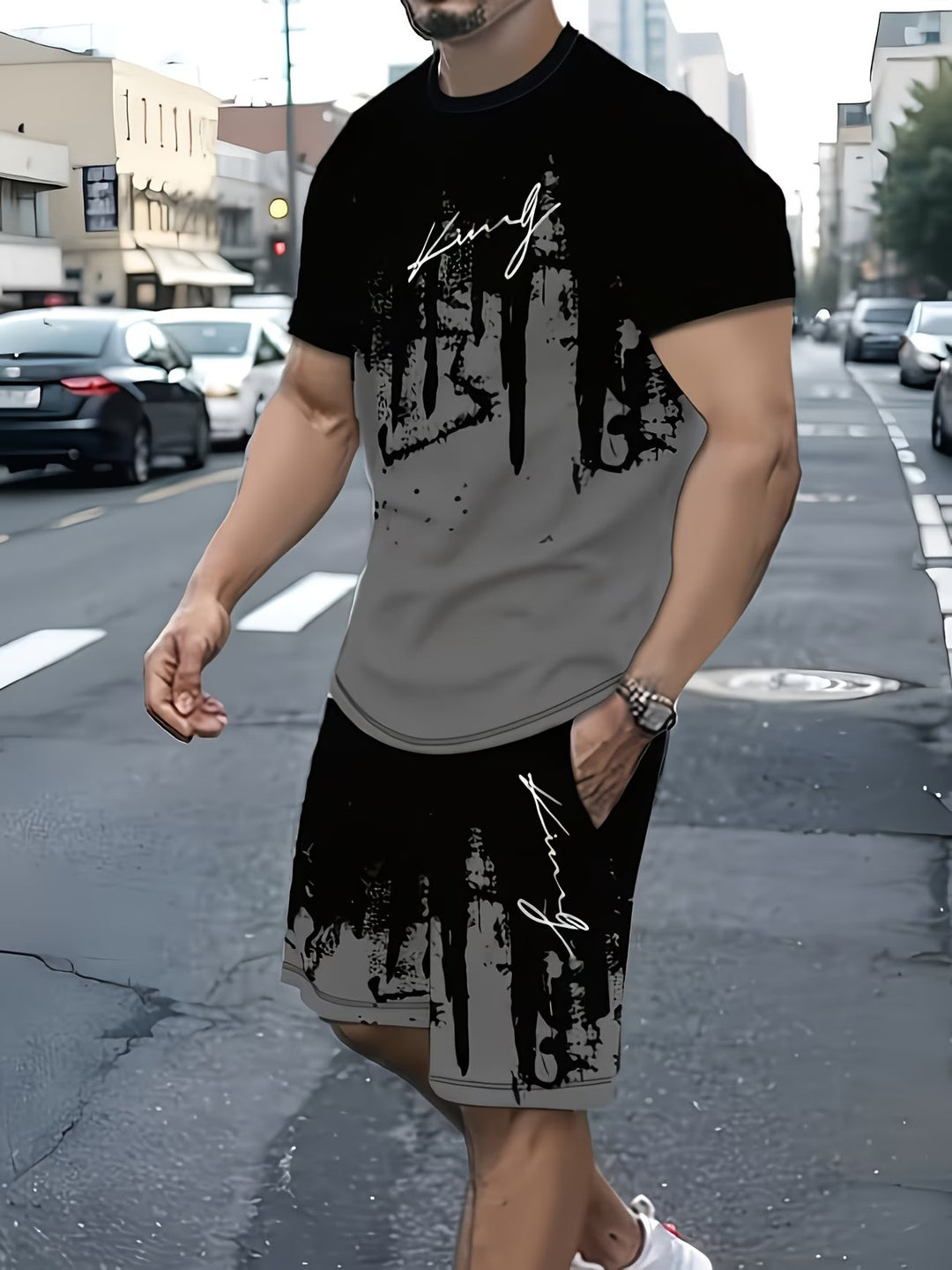 Men’s Casual Short Sleeve T-Shirt Set – 3D Letter Digital Print Outfit