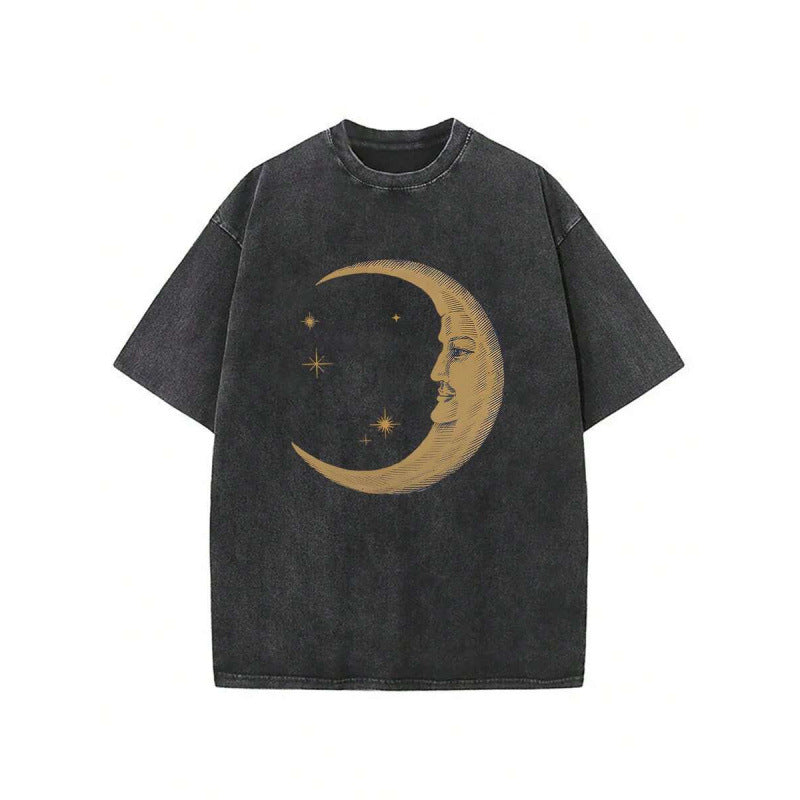 Vintage Washed 230G Cotton Crescent Moon Face Print Oversized Crew Neck T-Shirt