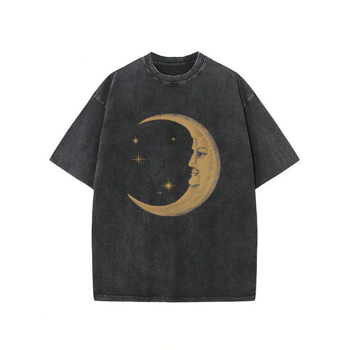 Vintage Washed 230G Cotton Crescent Moon Face Print Oversized Crew Neck T-Shirt