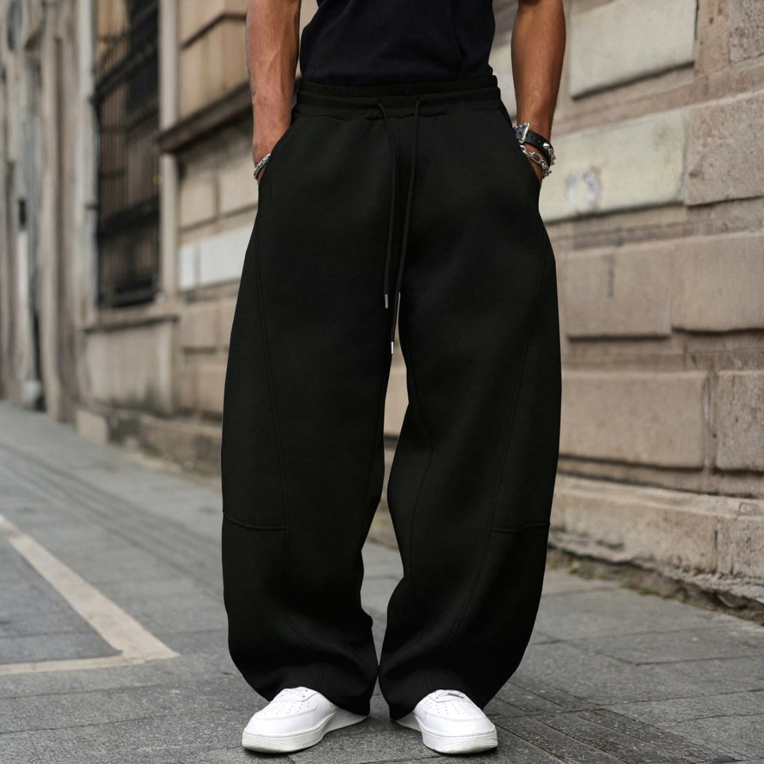 Classic Solid Color Baggy Jogger Pants For Men, Soft Thick Fabric Panel Cut Relaxed Wide Leg Long Trousers