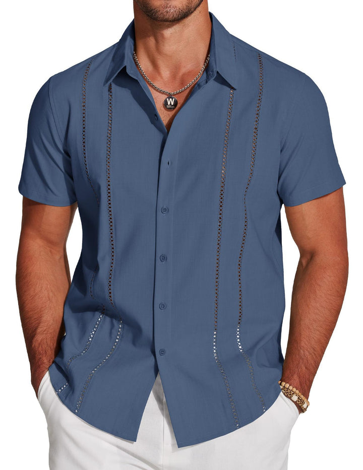 Men’s Summer Short Sleeve Button-Up Shirt Casual Breathable Cuban Collar Slim Fit Lightweight Fashion Shirt