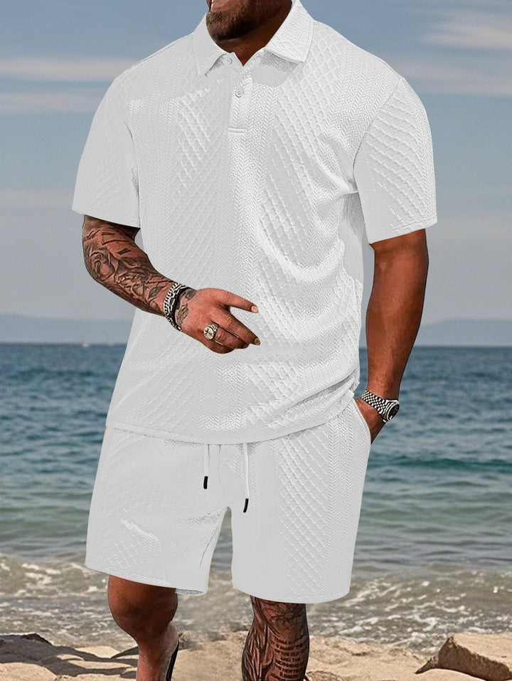 Men’s Jacquard Polo Set Lightweight Plaid Short Sleeve Casual 2 Piece Outfit