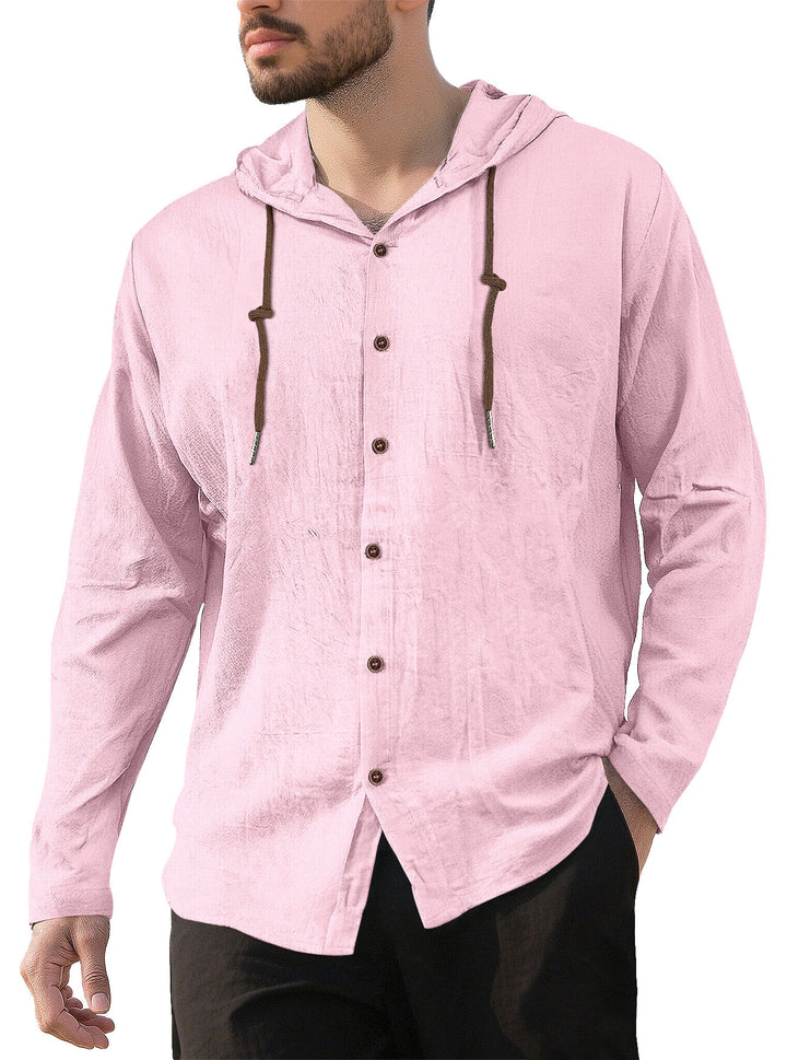 Men’s Linen Hooded Shirt – Casual Beach Long Sleeve Button Down Lightweight Summer Top