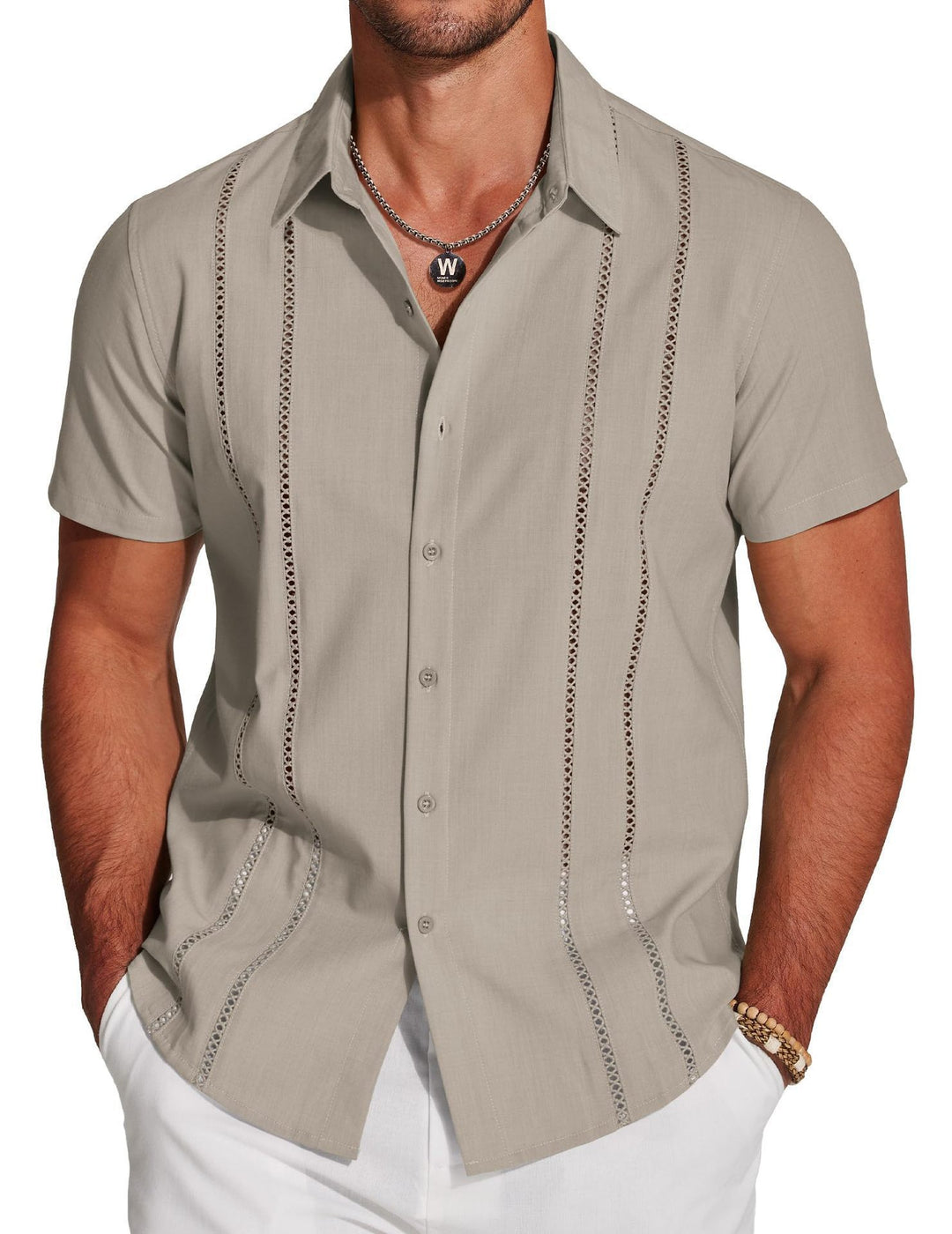 Men’s Summer Short Sleeve Button-Up Shirt Casual Breathable Cuban Collar Slim Fit Lightweight Fashion Shirt