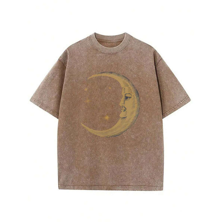Vintage Washed 230G Cotton Crescent Moon Face Print Oversized Crew Neck T-Shirt