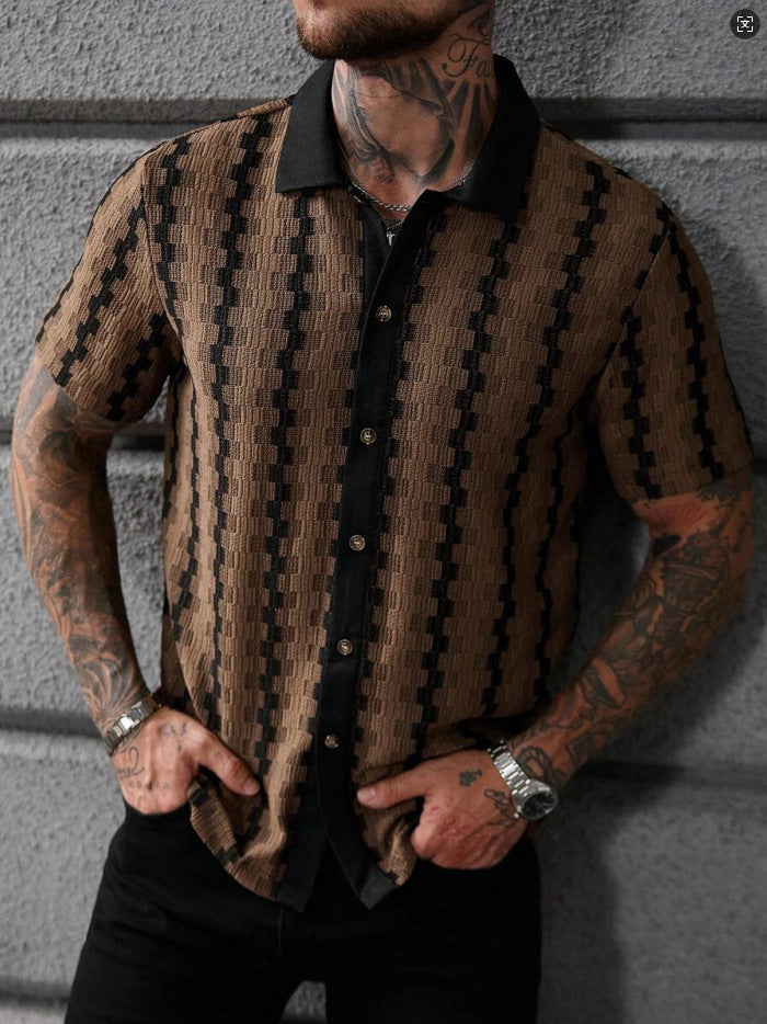 Men’s Vintage Knit Polo Shirt – Slim Fit Textured Button Down Short Sleeve Shirt
