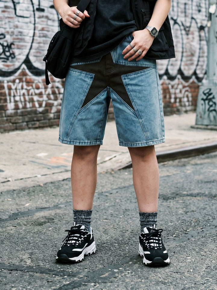 Unisex Star Patchwork Cotton-Blend Denim Shorts