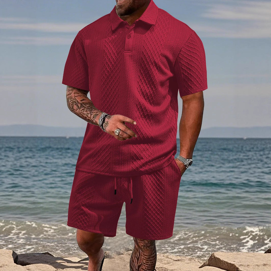 Men’s Jacquard Polo Set Lightweight Plaid Short Sleeve Casual 2 Piece Outfit