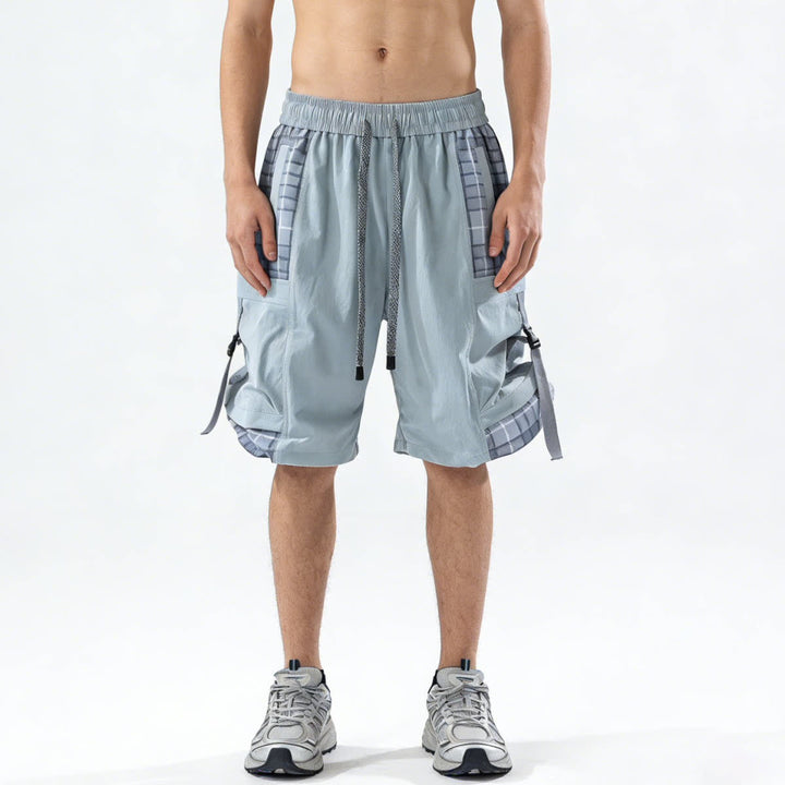Premium Lightweight Casual Cargo Shorts For Men, Plaid Splice Multi-Pocket With Strap Decor Summer Short Pants