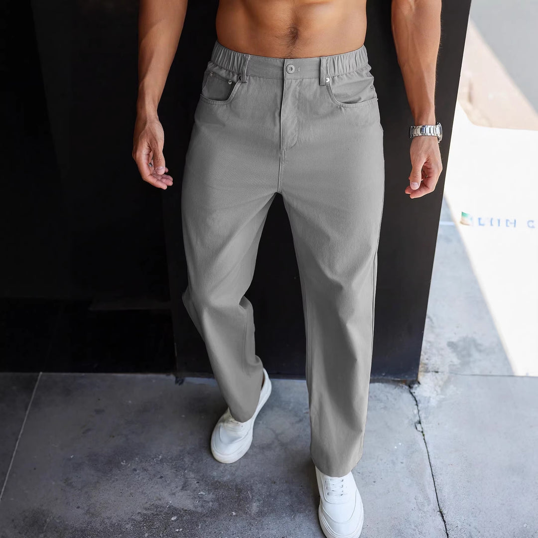Classic Solid Color Men Straight Long Pants, Half Elastic Button Waist Relaxed Casual Full Length Bottom Wear